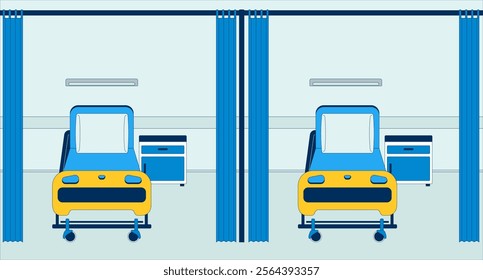 Emergency room with empty hospital beds flat illustration. ER hallway with medical furniture 2D interior cartoon background. Hospital cubicles curtains. Inpatient care accommodation scene vector image