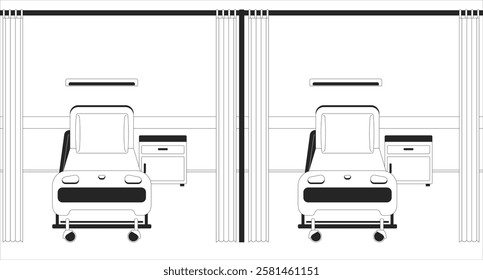 Emergency room with hospital beds black and white line illustration. ER hallway with medical furniture 2D interior monochrome. Hospital cubicles curtains. Inpatient care accommodation outline vector