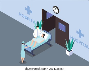 Emergency Room Isometric Vector Concept. Medical Staff In A Hurry Move Pregnant Woman To Emergency Room In The Hospital