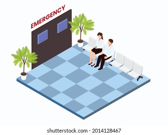 Emergency Room Isometric Vector Concept. Patient Family Waiting In Front Of Emergency Room