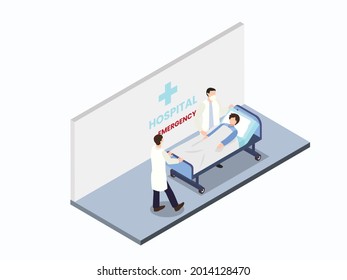 Emergency Room Isometric Vector Concept. Medical Staff Move Patient To Emergency Room In The Hospital Corridor