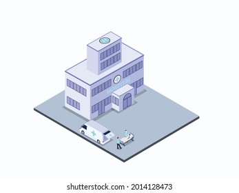 Concepto vectorial isométrico de sala de emergencia. Edificio de hospitales con personal médico mueve a un paciente de una ambulancia