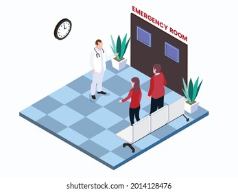 Emergency Room Isometric Vector Concept. Doctor Talking With Patient Family In Front Of Emergency Room