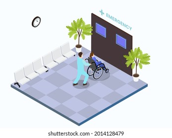 Emergency Room Isometric Vector Concept. Doctor Move A Patient With Wheelchair In Hospital Corridor