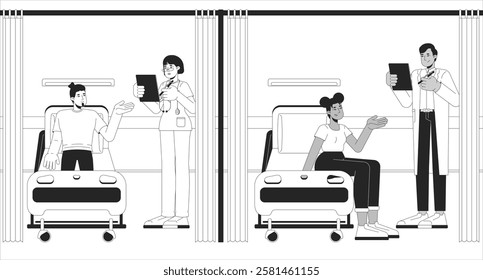 Emergency room patients black and white line illustration. ER medicine. Diverse people in hospital beds talking with physician, nurse 2D characters monochrome. Medical care outline vector image