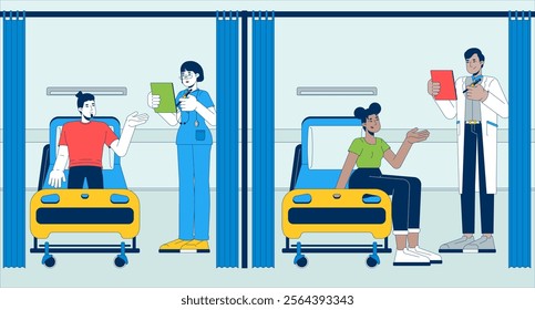 Emergency room patients flat illustration. ER medicine. Diverse people in hospital beds talking with physician, nurse 2D characters cartoon background. Medical care scene vector storytelling image