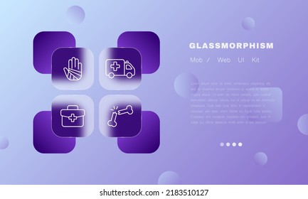 Emergency Room Set Icon. Ambulance, Bandage The Wound, Hand, Palm, First Aid Kit, Broken Bone. Healthcare Concept. Glassmorphism Style. Vector Line Icon For Business And Advertising.