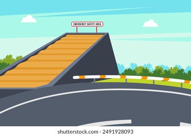 Emergency safety area lane for trucks whose brakes fail on the mountain. vector illustration