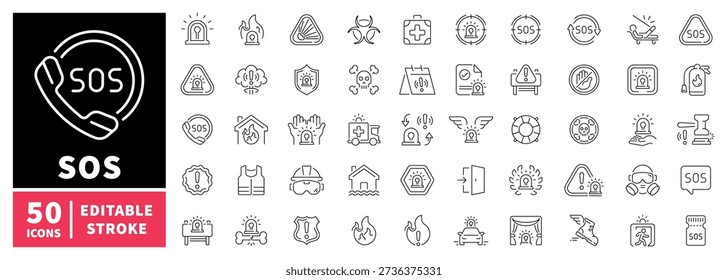 Emergency and safety editable line icons set. Alert and rescue symbols