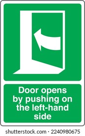 Emergency Safety Health Equipment Safe Condition First Aid Signs Door opens by pushing on the left hand side.