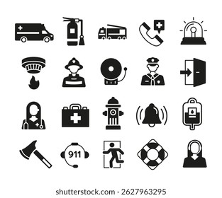 Emergency and safety icons. Set of 20 emergency and safety trendy minimal icons. Ambulance, Fire Extinguisher, Exit Sign, First Aid icon. Design signs for web page, mobile app. Vector illustration.