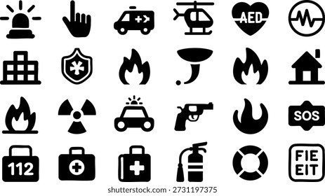 Notruf- und Sicherheitssymbole Set Vector Fire Medical Police Rescue Warning Symbole Kollektion