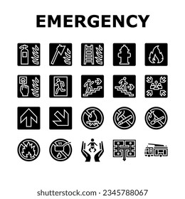 emergency safety security danger icons set vector. warning fire, caution rescue, alarm exit, attention red, notice evacuation emergency safety security danger glyph pictogram Illustrations