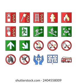 emergency safety security danger icons set vector. warning fire, caution rescue, alarm exit, attention red, notice evacuation emergency safety security danger color line illustrations