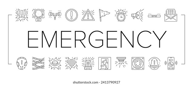 Symbole zur Gefahrenabwehr im Notfall setzen Vektorgrafik. Warnfeuer, Vorsicht-Rettungs-System, Alarmausgang, Aufmerksamkeitsrot, Notruf-Evakuierung Sicherheitsrisiko Schwarze Linie Illustrationen