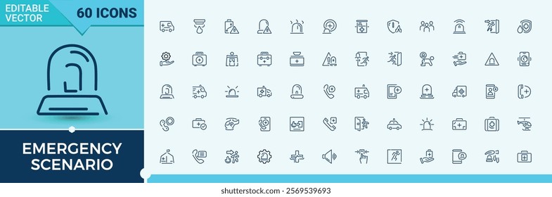 Emergency Scenario linear icon collection. It contains symbols to assistance, support, medical, assistant, exit, police, siren and more. Outline icon. Editable stroke.