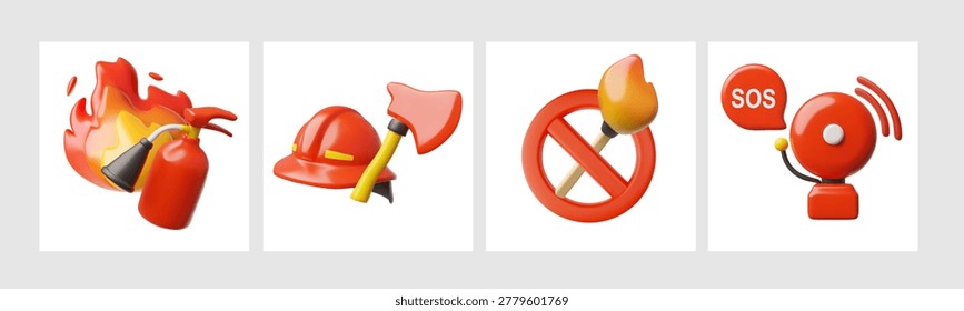 Emergency service 3D plastic style icons vector set. Fire extinguisher and fire, axe and helmet. Realistic forbidden sign, red fire alarm system signal device. Firefighter safety equipment