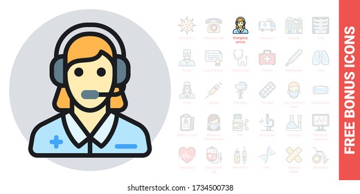 Emergency service, ambulance call or operator icon. Young woman with a headphone takes a call. Simple color version. Free bonus icons kit included