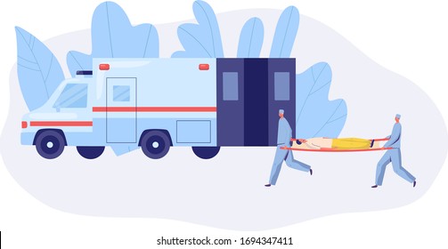 Emergency service ambulance rescue vector illustration. Dangerous job in protection and security services, professionals and volunteers cartoon character. Emergency concept