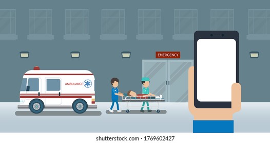 Emergency service concept with blank screen mobile phone and doctor with injured patient in bed flat design vector illustration