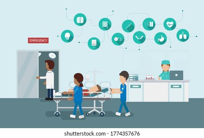 Emergency service concept with doctor and injured patient in bed flat design vector illustration