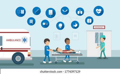 Emergency service concept with doctor and injured patient in bed flat design vector illustration