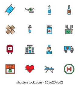 Emergency service filled outline icons set, line vector symbol collection, linear colorful pictogram pack. Signs, logo illustration, Set includes icons as hospital building, first aid kit, ambulance 