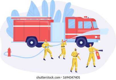 Emergency service firefighters rescue vector illustration. Dangerous job in protection and security services, professionals and volunteers cartoon character. Emergency concept