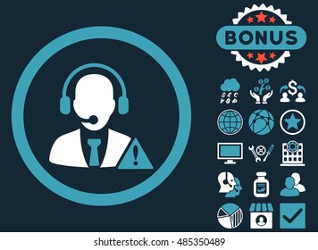Emergency Service icon with bonus symbols. Vector illustration style is flat iconic bicolor symbols, blue and white colors, dark blue background.