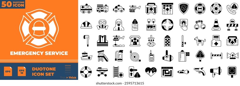 Emergency Service icon set. Containing emergency, sos, 911,and more. Duotone vector icons collection.
