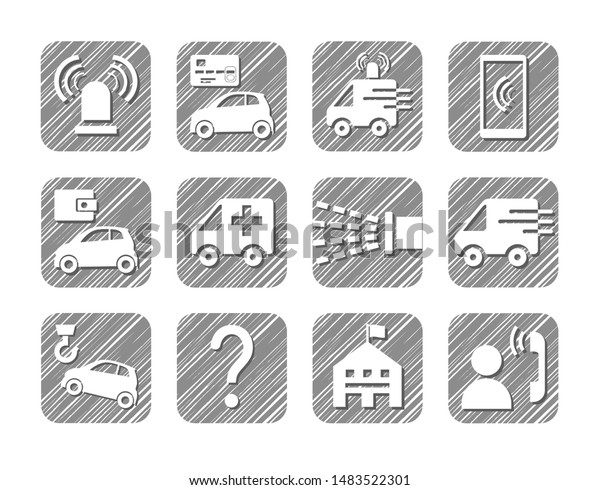 Emergency
service, icons, set, vector, hatching. Imitation of pencil
hatching. Emergency medical and fire assistance, reference
services. White pictures on a gray
background.