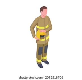 Emergency service isometric composition with faceless character of firefighter holding helmet vector illustration