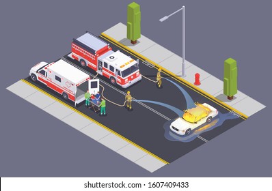 Emergency service isometric composition with fire fighters crew on street putting blaze out of burning car vector illustration