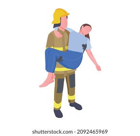Composición isométrica del servicio de emergencia con carácter de bombero que sostiene a la víctima femenina en la ilustración del vector de armas