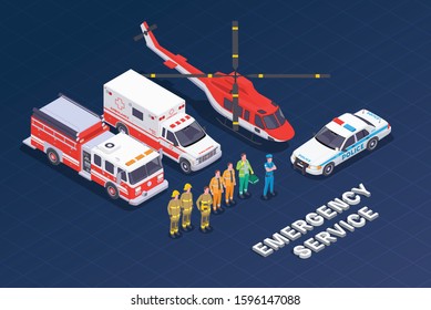 Emergency Service Isometric Composition With Images Of Special Vehicles With People In Uniform And Editable Text Vector Illustration