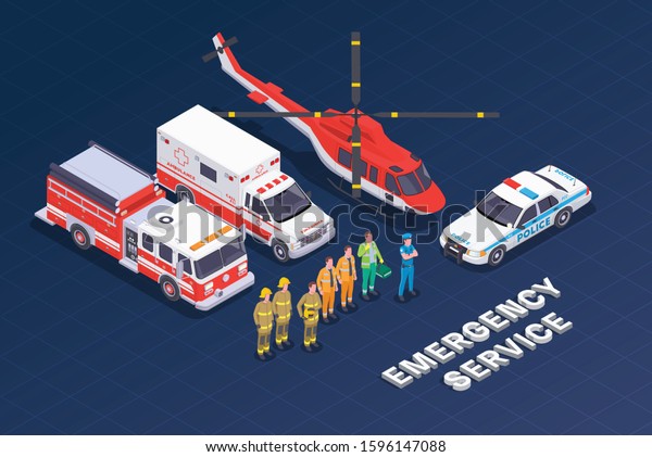 Emergency service isometric composition with\
images of special vehicles with people in uniform and editable text\
vector illustration