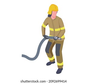 Emergency Service Isometric Composition With Isolated Character Of Firefighter Holding Fire Hose Nozzle Vector Illustration