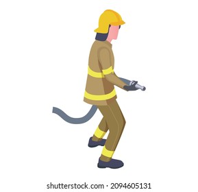 Emergency Service Isometric Composition With Isolated Character Of Firefighter Holding Fire Hose Nozzle Vector Illustration