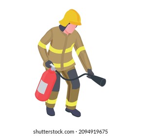 Emergency service isometric composition with isolated character of firefighter holding fire extinguisher vector illustration