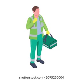 Composición isométrica del servicio de emergencia con carácter aislado de especialista médico con ilustración vectorial de caja de primeros auxilios