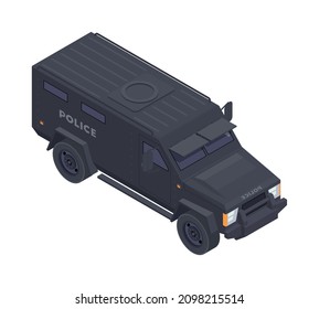 Emergency service isometric composition with isolated image of special police force car vector illustration