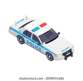 Composición isométrica del servicio de emergencia con imagen aislada de la ilustración del vector del vehículo de la policía