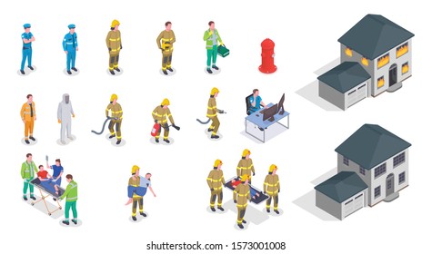 Emergency Service Isometric Icons Set With House On Fire Policeman Firefighter Doctor Characters Helping Injured People 3d Isolated Vector Illustration