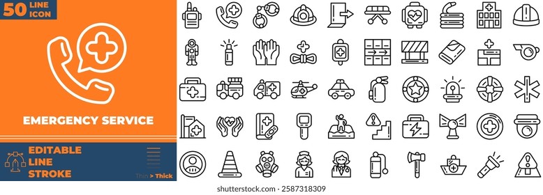 Emergency Service Line Editable Icons set. Vector illustration in modern thin line style of emergency service icons: SOS, 911, caution, etc