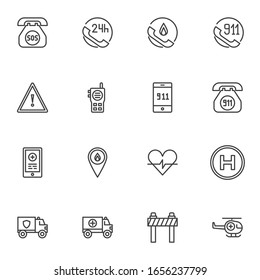 Emergency service line icons set. linear style symbols collection, outline signs pack. vector graphics. Set includes icons as emergency call 911, 24 hours support, online medical app, evacuation