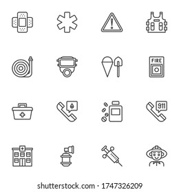 Emergency service line icons set, outline vector symbol collection, linear style pictogram pack. Signs logo illustration. Set includes icons as fireman, protective mask, safety west, hospital building