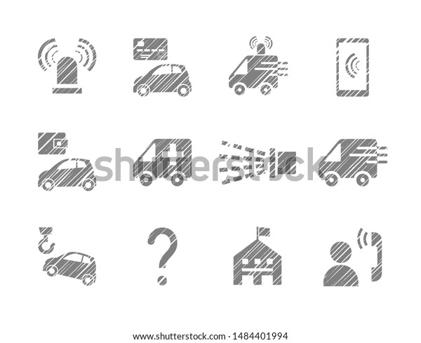 Emergency
service, monochrome icons, hatching, gray, vector. Imitation of
pencil hatching. Emergency medical and fire assistance, reference
services. Gray pictures on a white background.
