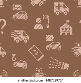 Emergency service, seamless pattern, color, hatching, brown, vector. Emergency medical and fire assistance, reference services. Brown pictures on a brown field. Simulated pencil hatching. 