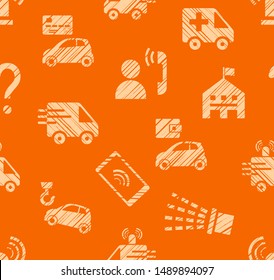 Emergency service, seamless pattern, color, hatching, orange, vector. Emergency medical and fire assistance, reference services. Bright pictures on an orange field. Simulated pencil hatching. 