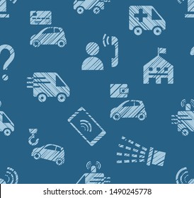 Emergency service, seamless pattern, color, hatching, blue, vector. Emergency medical and fire assistance, reference services. Blue pictures on a blue field. Simulated pencil hatching. 